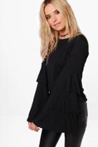 Boohoo Joy Jacquard Tiered Ruffle Sleeve Top Black