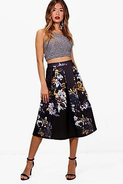 Boohoo Beth Digital Floral Box Pleat Midi Skirt