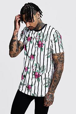 Boohoo Floral Striped Print Tee With Curved Hem