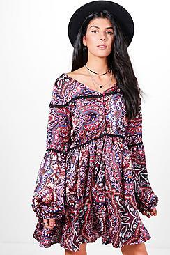 Boohoo Lottie Paisley Print Bell Sleeve Smock Dress