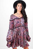 Boohoo Lottie Paisley Print Bell Sleeve Smock Dress