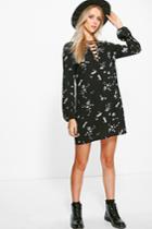 Boohoo Ruby Lace Up Floral Shift Dress Black