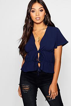 Boohoo Petite Woven Gathered Tie Detail Top