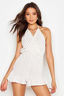 Boohoo Tall Striped Linen Tie Back Frill Hem Playsuit