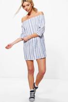 Boohoo Barley Stripe Off Shoulder Shift Dress White