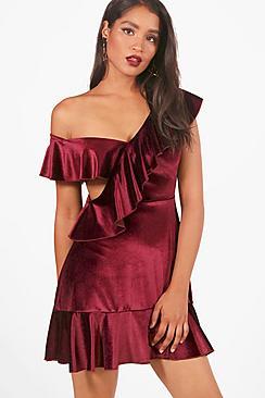 Boohoo Abi Velvet One Shoulder Frill Skater Dress