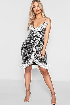 Boohoo Plus Dalmation Spot Frill Wrap Mini Dress