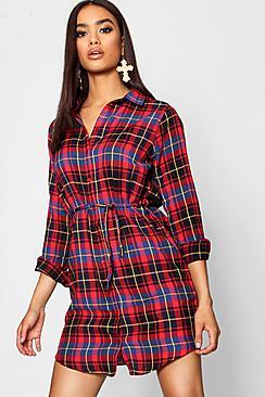 Boohoo Brushed Tartan Check Belted Shirt Dress