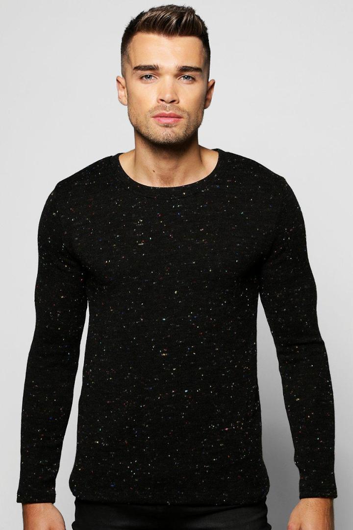 Boohoo Crew Neck Jumper In Nepped Yarn Black