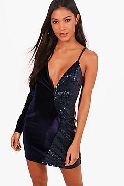 Boohoo Lo One Sleeve Velvet And Sequin Mini Dress