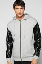 Boohoo Luxe Hoodie With Pu Sleeves And Side Zips Grey