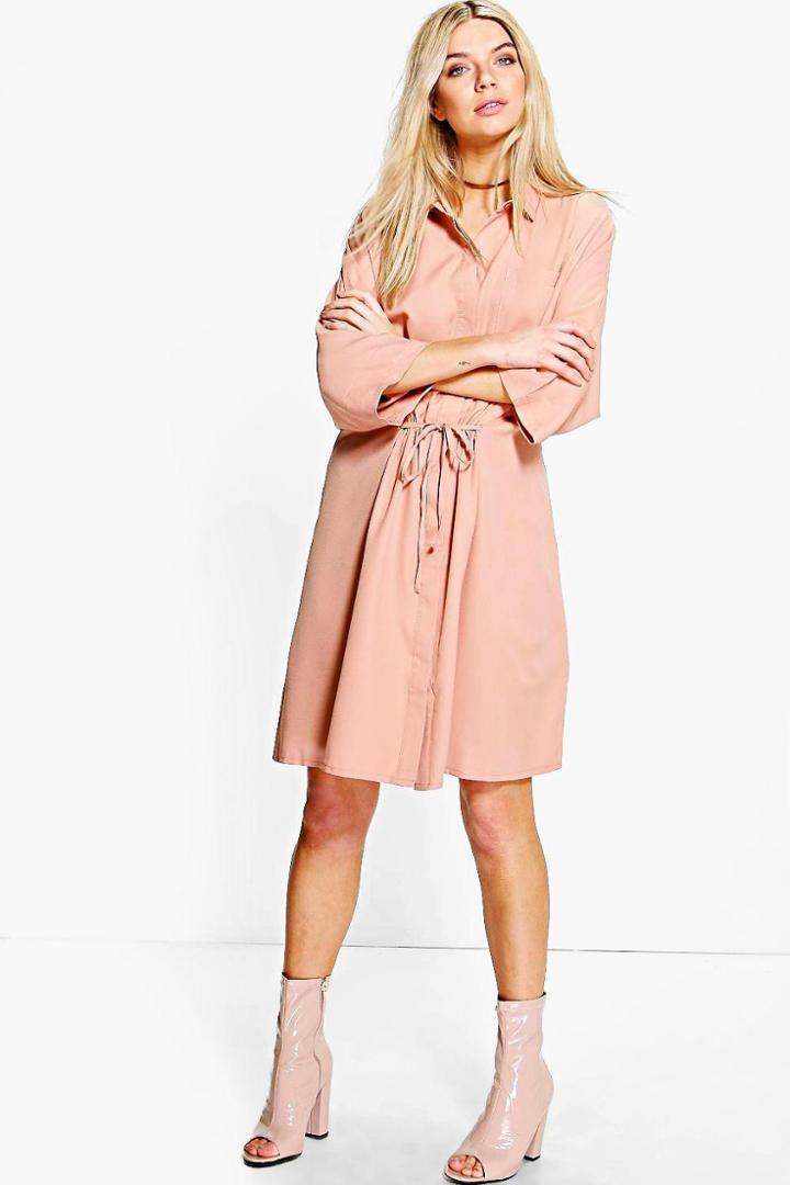 Boohoo Natasha Rouched Waist Utility Shirt Dress Nude
