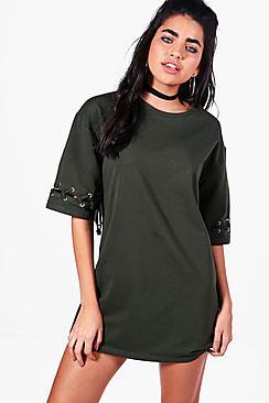 Boohoo Kelsey Eyelet Lace Up Sleeve Sweat Dress