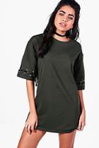 Boohoo Kelsey Eyelet Lace Up Sleeve Sweat Dress