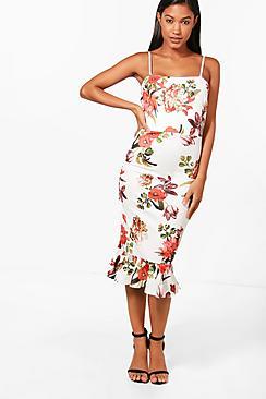 Boohoo Emily Floral Print Equal Red Frill Hem Midi Dress