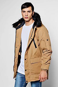 Boohoo Padded Coat With Faux Fur Hood
