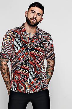 Boohoo Tribal Velour Short Sleeve Revere Shirt