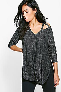 Boohoo Niamh Metallic Cut Out Neck Long Sleeve Top