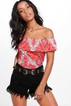 Boohoo Abbie Paisley Off The Shoulder Top Red