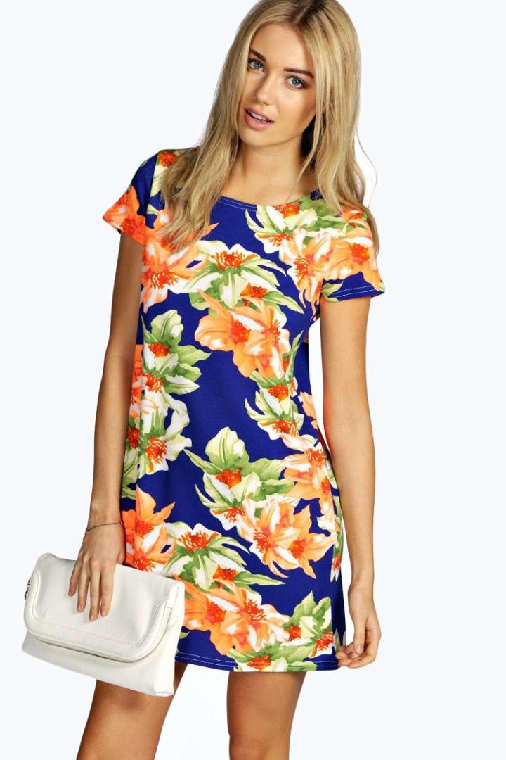 Boohoo Jessie Floral Cap Sleeve Shift Dress Navy