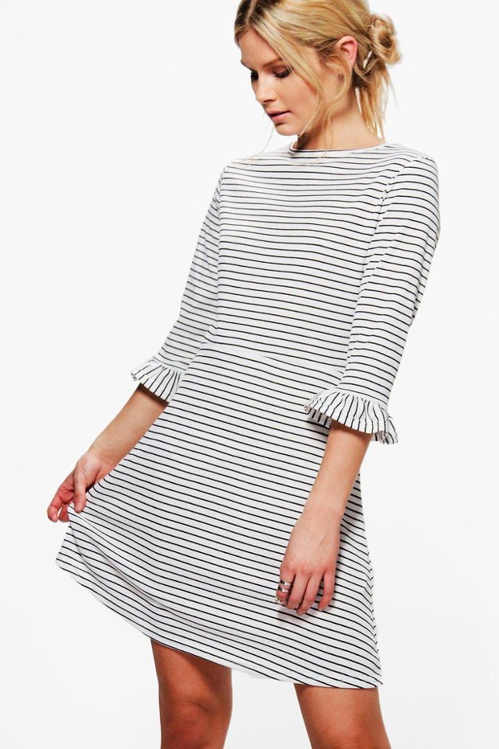 Boohoo Sarah Stripe Frill Sleeve Skater Dress Multi