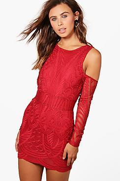 Boohoo Petite Ivy Lace Fringe Cold Shoulder Bodycon Dress