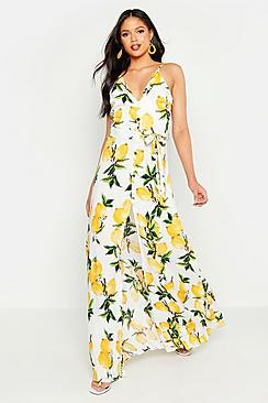 Boohoo Tall Lemon Print Button Detail Maxi Dress