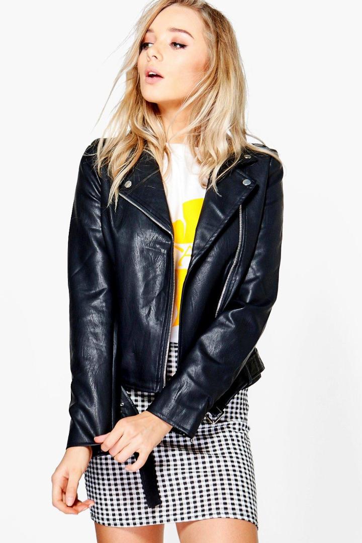 Boohoo Jessica Belted Pu Biker Jacket Black