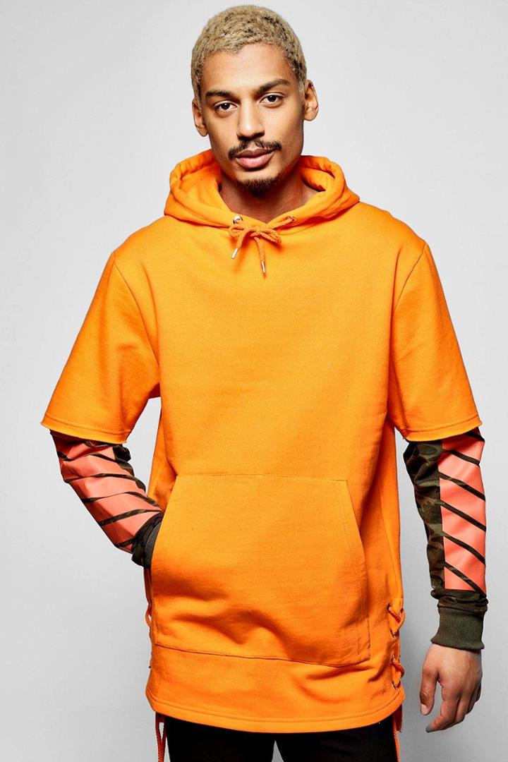 Boohoo Faux Layer Sleeve Print Hoodie Orange