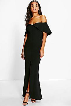 Boohoo Lois Off Shoulder Deep Fold Maxi Dress