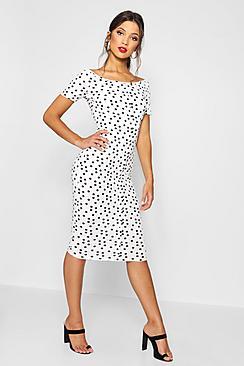 Boohoo Ribbed Polka Dot Square Neck Midi Dress