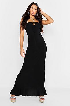 Boohoo Rib Tie Front Frill Hem Maxi Dress