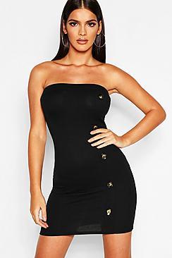 Boohoo Ribbed Bandeau Horn Button Through Dress