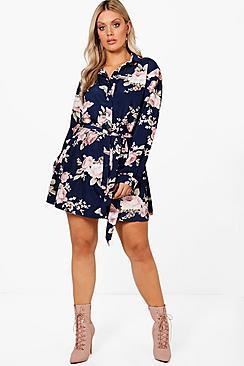 Boohoo Plus Emily Tie Detail Shirt Dress