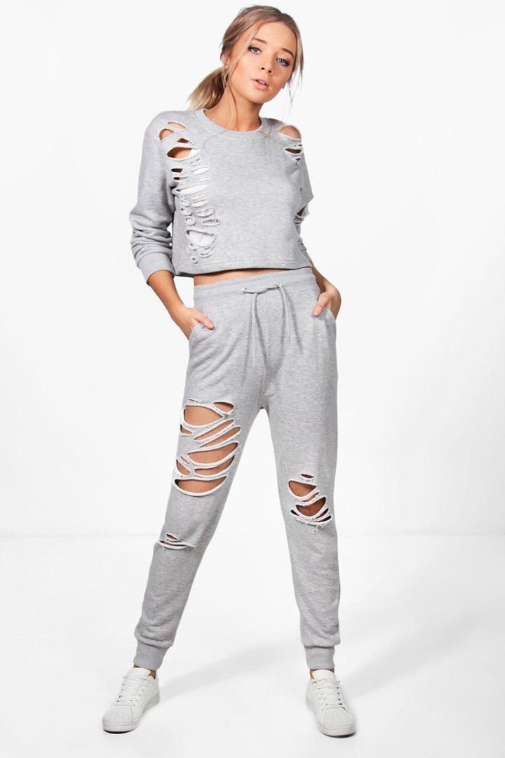 Boohoo Hope Distressed Sweat + Jogger Set Grey