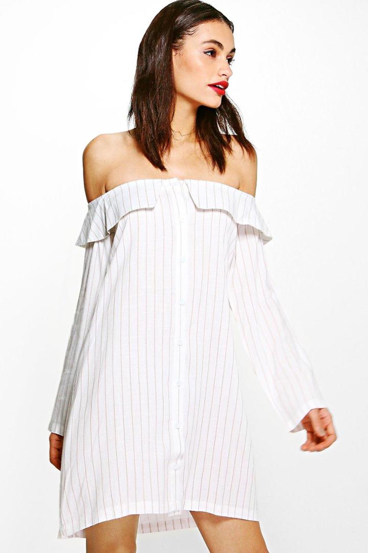 Boohoo Cameron Stripe Off Shoulder Shirt Dress Nude