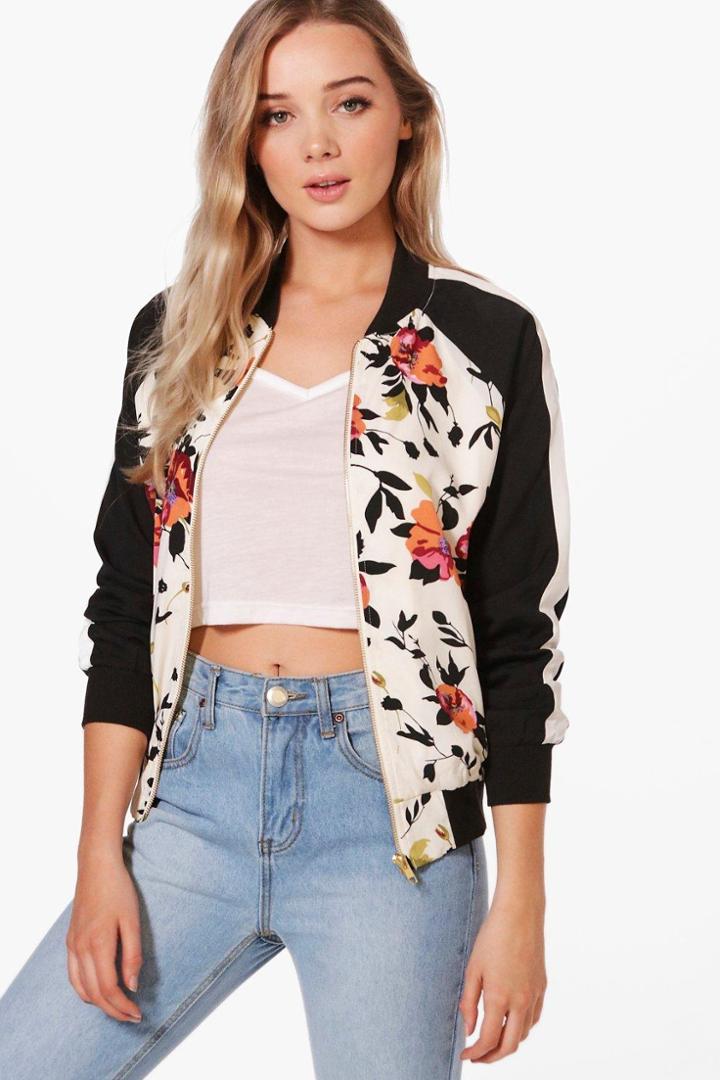Boohoo Mia Floral Print Bomber Jacket Multi