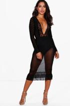 Boohoo Ava Mesh Polka Dot & Frill Midi Dress With Bodysuit Black