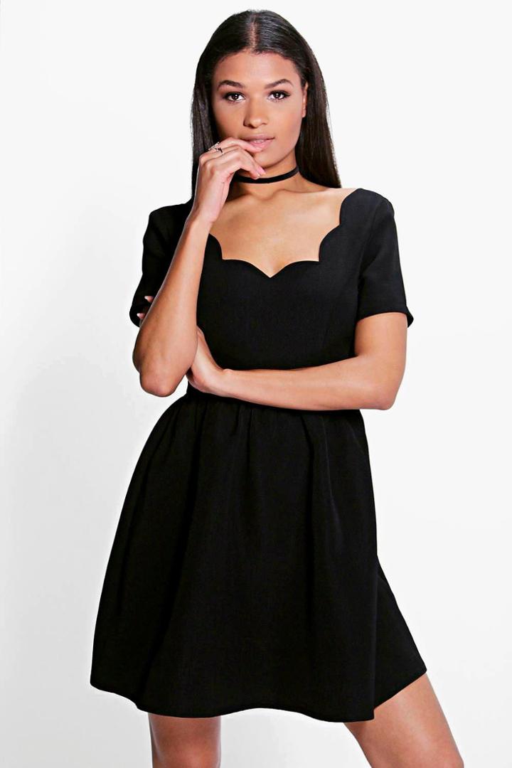 Boohoo Meiying Scallop Neckline Jacquard Skater Dress Black
