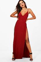 Boohoo Ivy Metallic Plunge Neck High Split Maxi Dress
