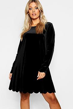 Boohoo Plus Scallop Edge Velvet Swing Dress