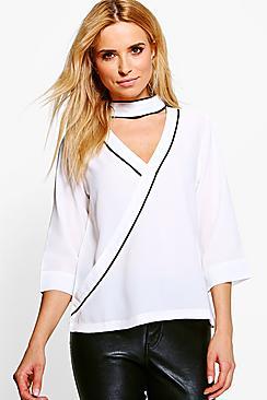 Boohoo Priya Contrast Piped Choker Blouse