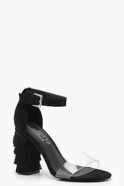 Boohoo Amy Clear Strap Fringe Block Heels