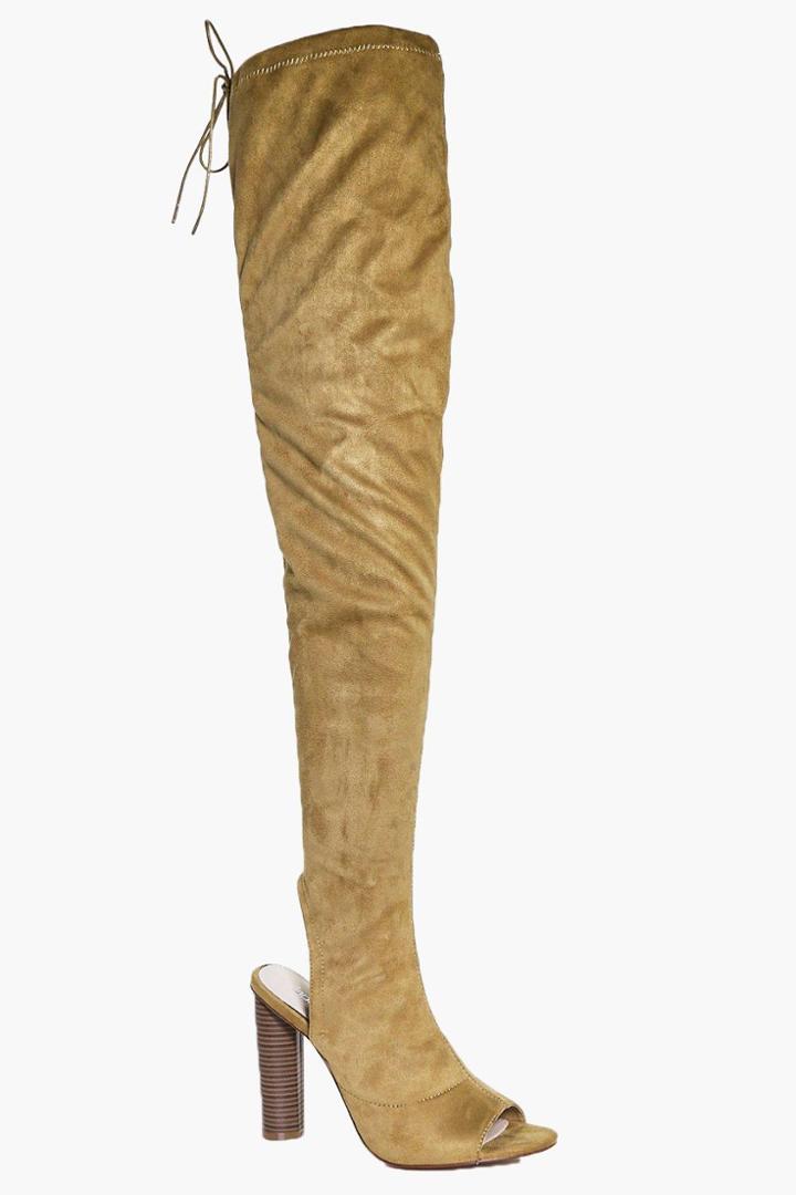 Boohoo Lyla Peeptoe Open Back Over The Knee Camel