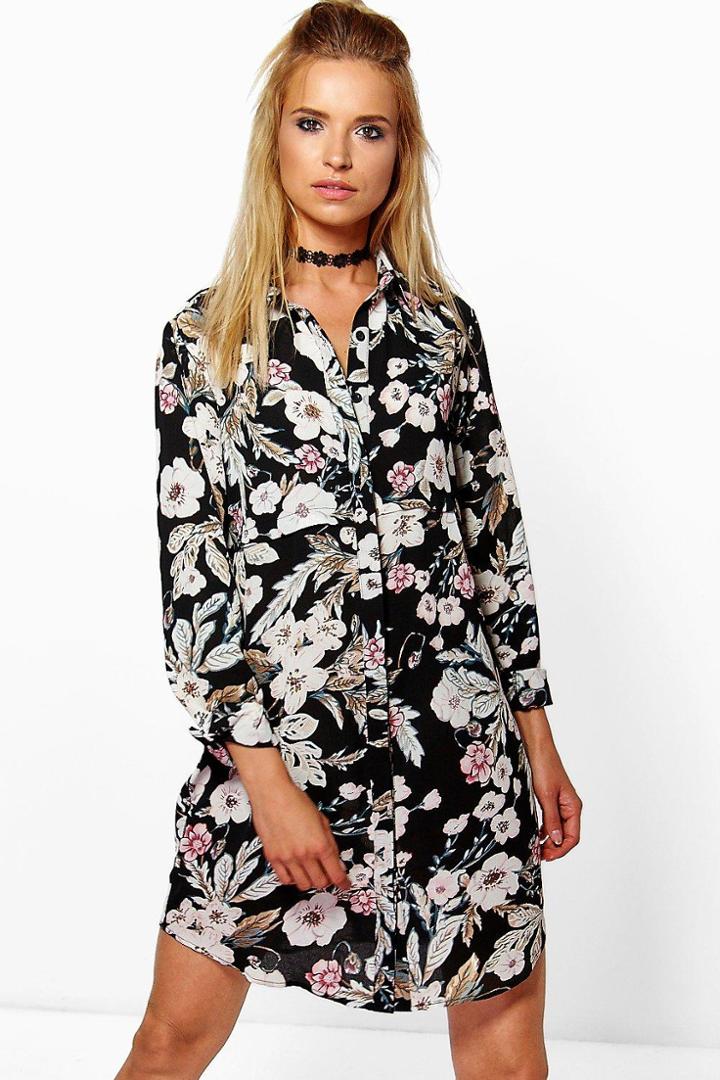 Boohoo Sindy Floral Shirt Dress Black