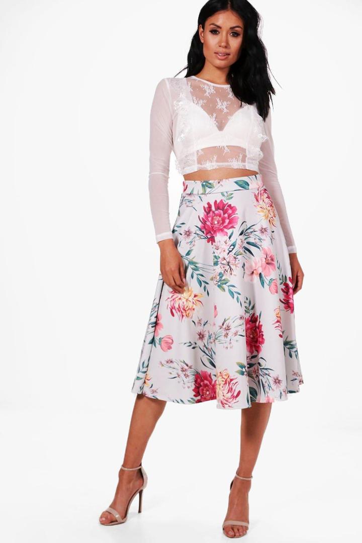 Boohoo Ines Floral Box Pleat Midi Skirt Grey