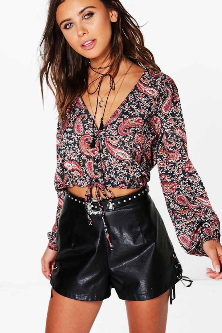 Boohoo Petite Megan Paisley Print Drawstring Hem Shirt Black