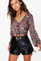Boohoo Petite Megan Paisley Print Drawstring Hem Shirt Black
