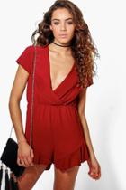 Boohoo Sally Ruffle Hem Wrap Front Playsuit Wine