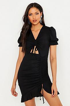 Boohoo Tall Ruched Ruffle Rib Mini Dress